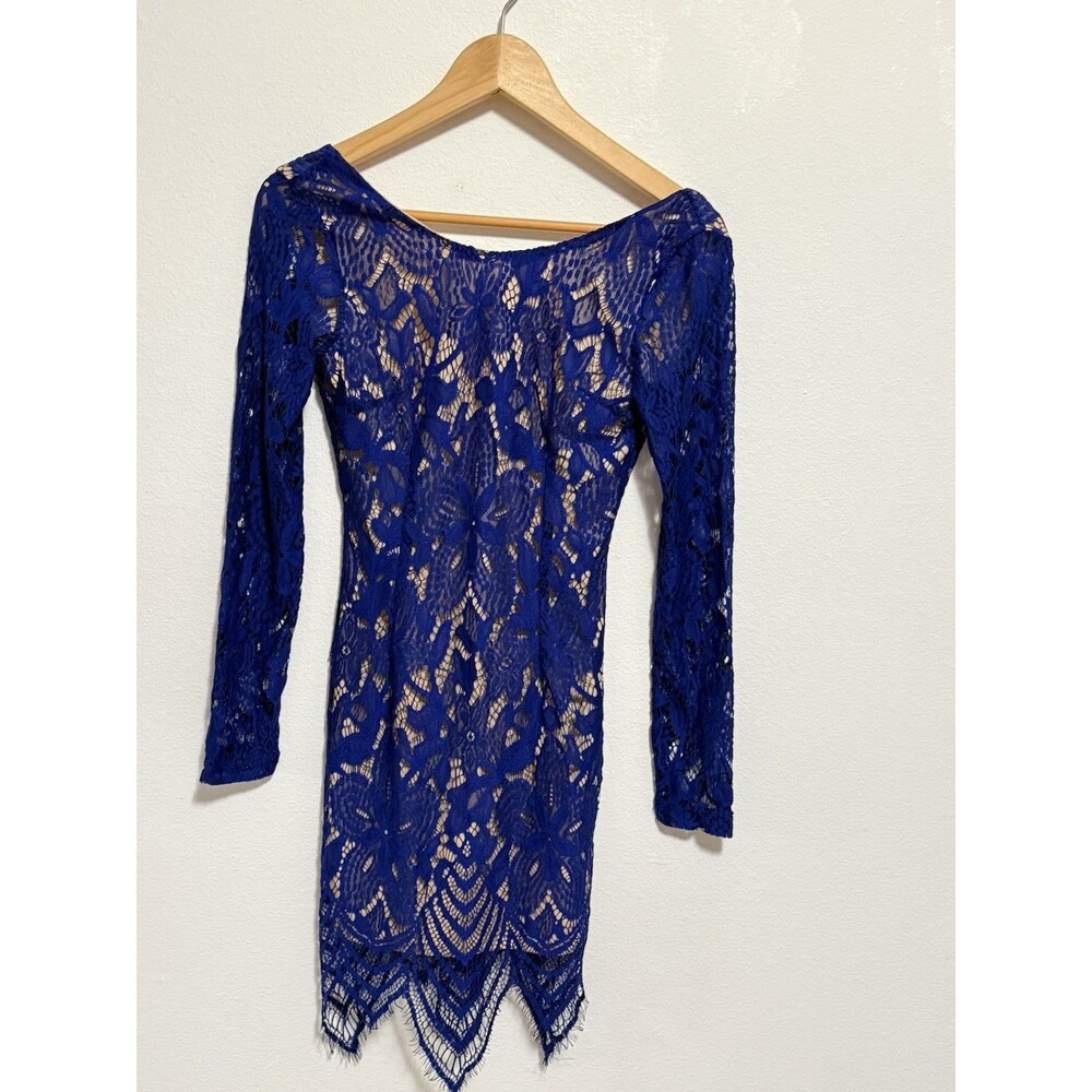 Charlotte Russe Royal Blue Lace Mini Dress Long Sleeve Nude Lining  -Size Small